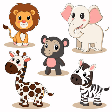 Adorable cartoon safari animals lion, elephant, monkey, giraffe, zebra.の素材