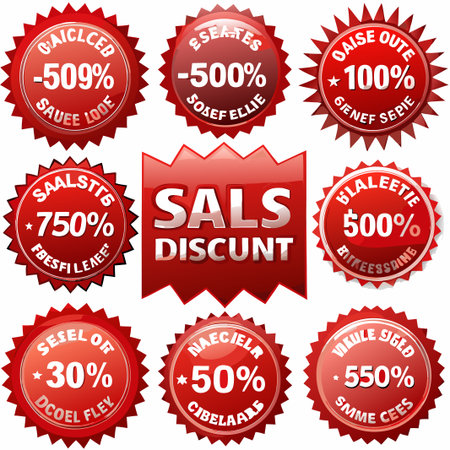 Nine red sale discount labels and one banner.の素材