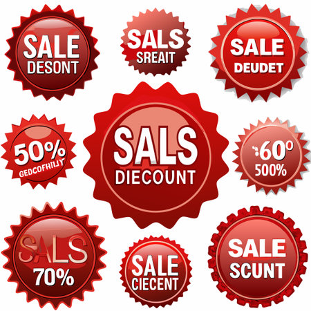 Nine red starburst sale discount labels.の素材