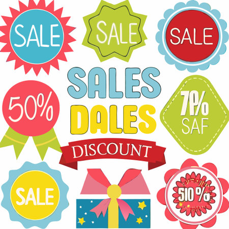 Colorful sale tags, discount labels, and gift box.の素材