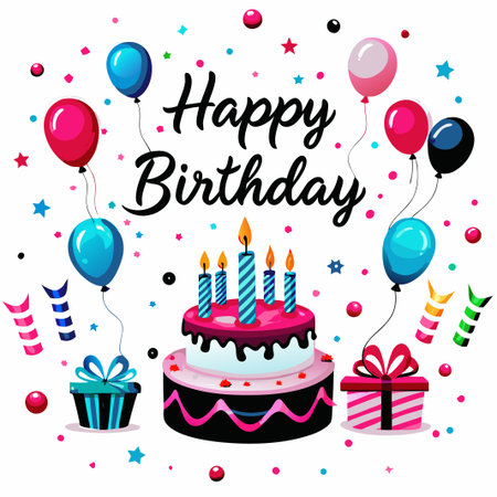 Colorful birthday cake with balloons and gifts.の素材