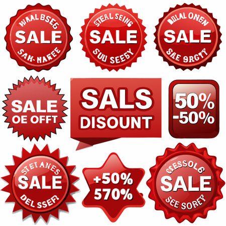 Nine red sale discount labels and badges.の素材