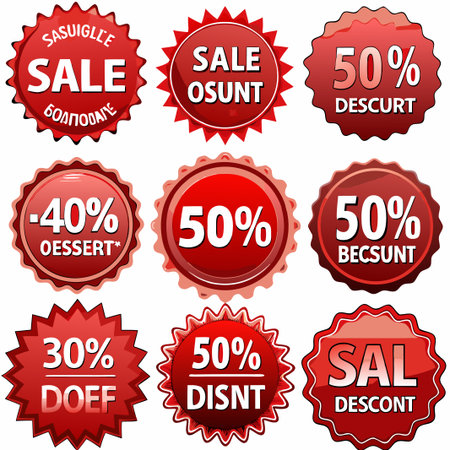 Nine red sale discount labels with percentage off. (6)の素材