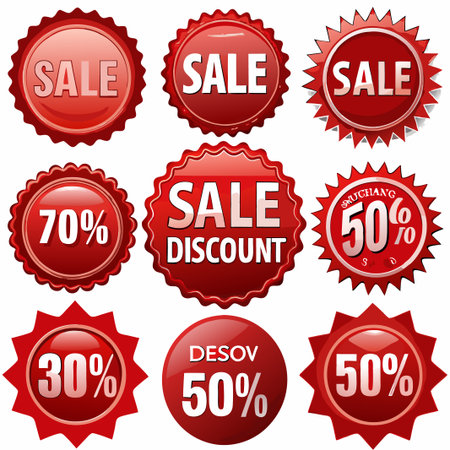 Nine red sale discount labels with various percentage offers. (1)の素材
