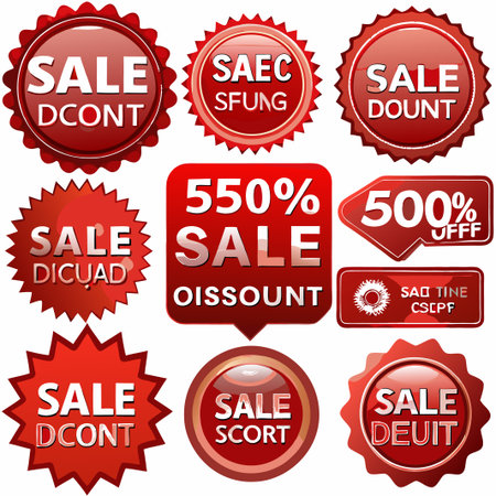 Nine red sale discount labels with percentage off. (4)の素材