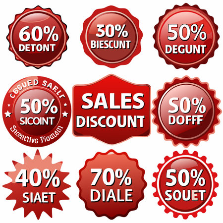 Nine red glossy discount badges with percentage off.の素材