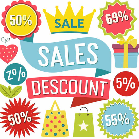 Colorful sale discount banners, tags, and icons.の素材