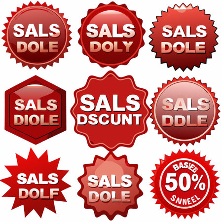 Nine red sale badges with variations in spelling and discounts.の素材