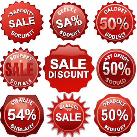 Nine red glossy sale discount labels with percentage off.の素材