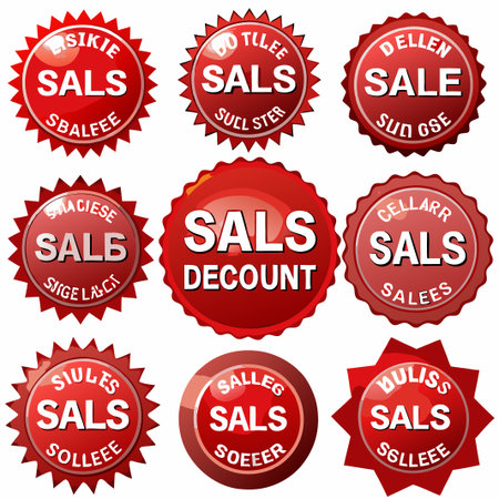 Nine red sale labels with various text designs.の素材