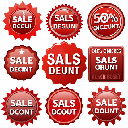 Nine red sale badges with various discount offers and texts.の素材