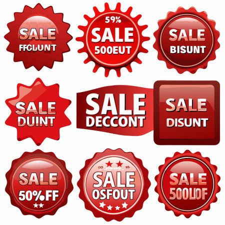 Nine red sale badges with various percentage discounts and codes.の素材