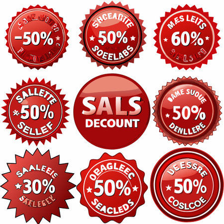 Nine red sale discount labels with percentage off offers.の素材