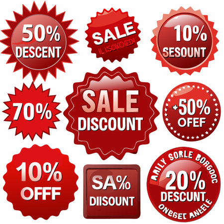 Nine red discount sale badges with various percentage offers.の素材