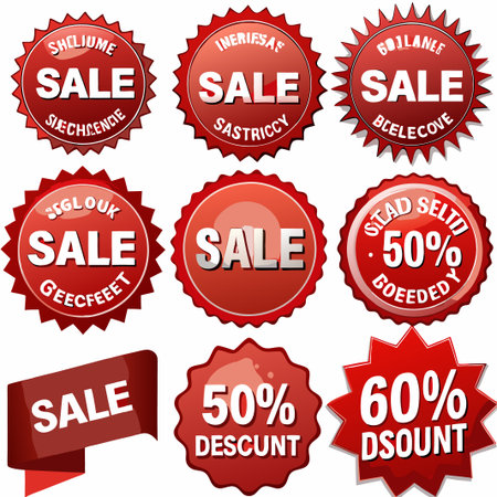 Nine red sale badges and labels with various percentage discounts.の素材