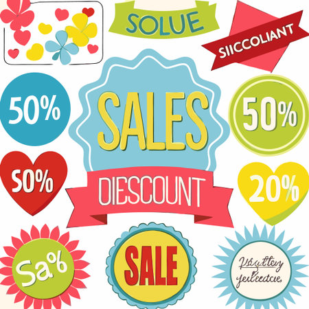 Colorful sale banners, labels, and tags with percentage discounts.の素材