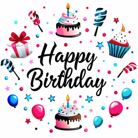 Festive birthday greeting with cakes, candies, balloons, and gifts.の素材