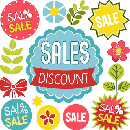 Colorful sale discount tags and floral elements.の素材
