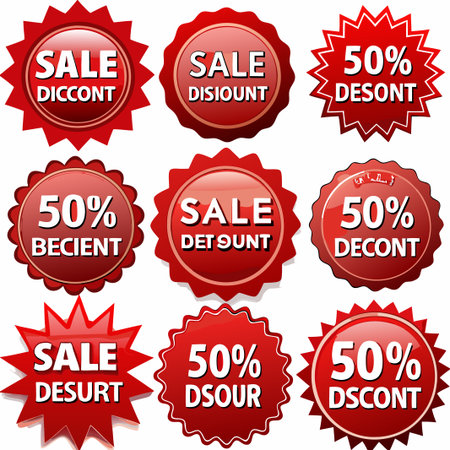 Nine red starburst sale discount labels with various misspellings.の素材