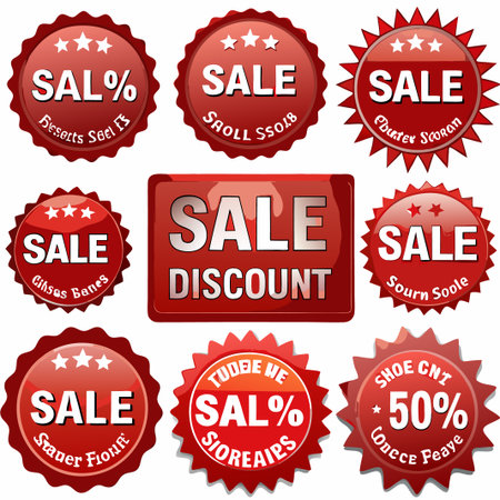 Nine red sale discount labels with stars and percentage signs.の素材