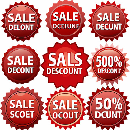 Nine red sale discount labels with various percentage offers. (2)の素材