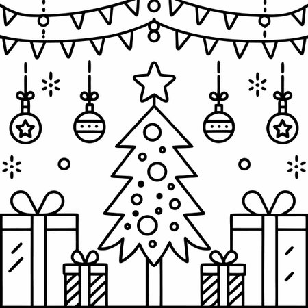 Simple line art Christmas tree with gifts and decorations.の素材