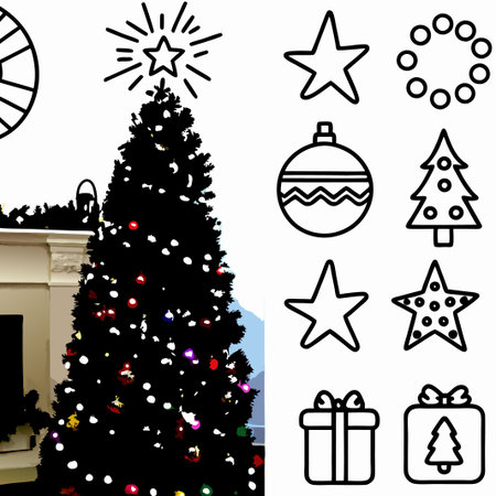 Decorated Christmas tree with ornaments and icons.の素材