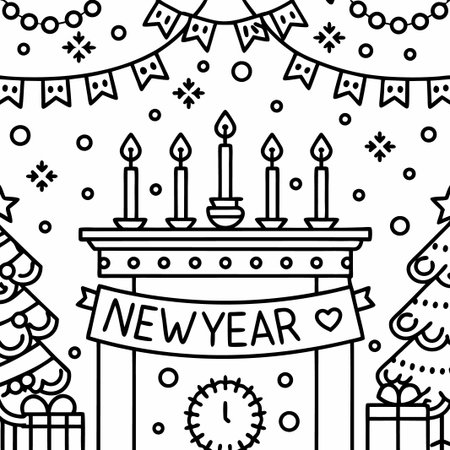 Festive New Year&#39;s fireplace scene with candles, presents, and decorations.の素材