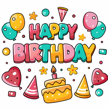 Colorful Happy Birthday card with cake and balloons.の素材