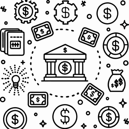 Bank building surrounded by money icons.の素材