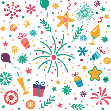 Festive colorful party background with fireworks, gifts, and balloons.の素材