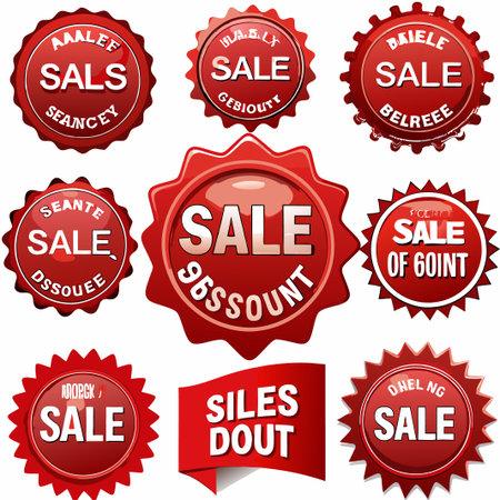 Nine red starburst sale tags and a banner.の素材