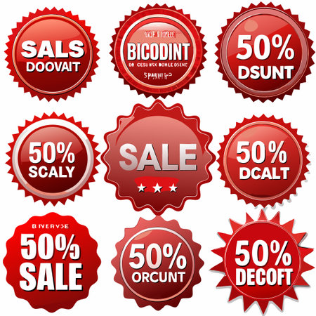 Nine red sale badges with percentage discounts and sale text.の素材