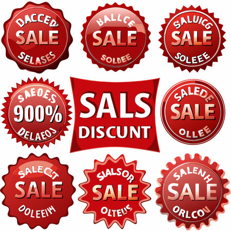 Nine red sale discount labels and one large discount banner.の素材