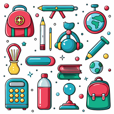 Colorful school supplies and learning tools illustration.の素材