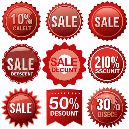 Nine red sale discount labels with percentage.の素材