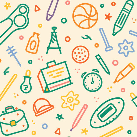 Colorful doodle pattern of school and office supplies.の素材