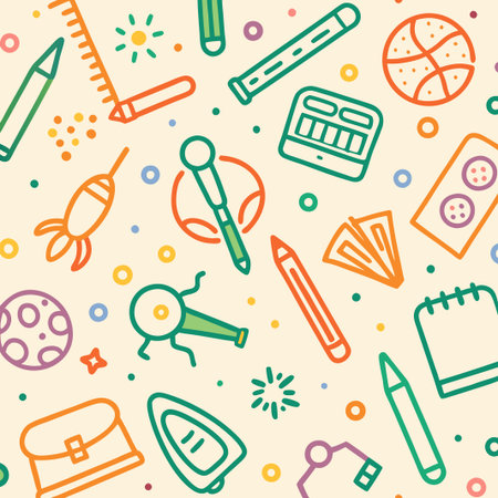 Colorful seamless pattern with various school and hobby supplies.の素材