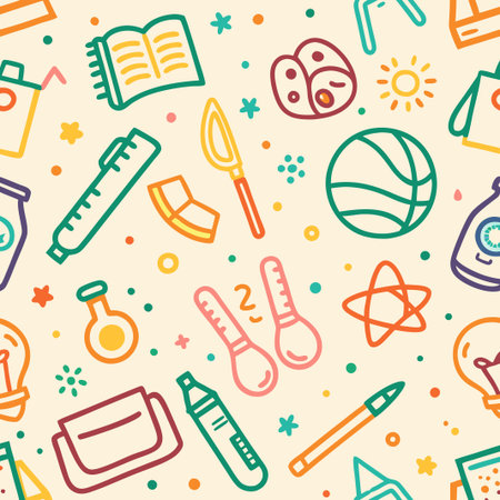 Colorful doodle pattern with school and sports items.の素材