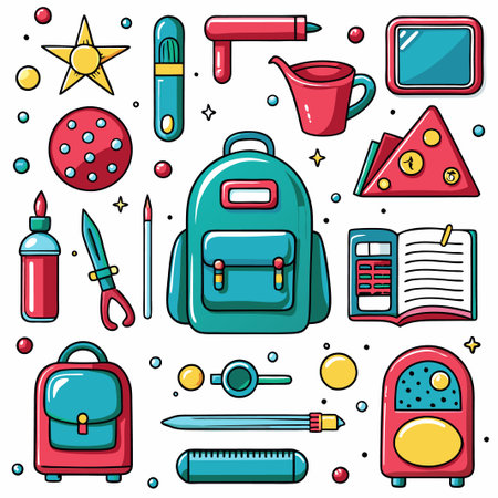 Colorful school supplies and backpack illustration.の素材