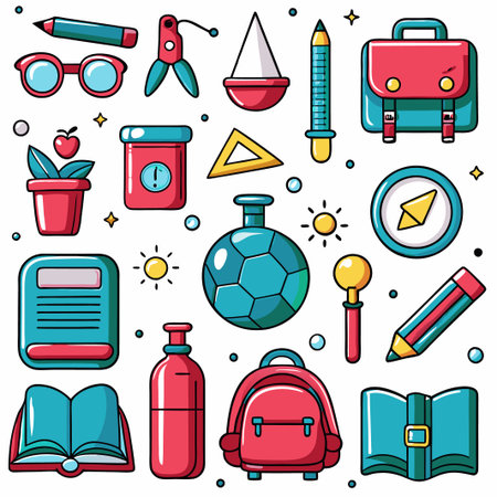 Colorful back-to-school supplies and equipment icons.の素材