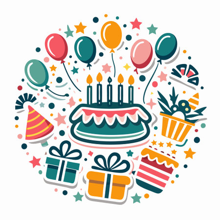 Festive birthday cake with gifts and balloons. (1)の素材