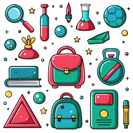 Colorful school supplies and sports equipment icons.の素材