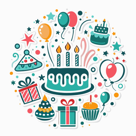 Festive birthday party celebration with cake, gifts, balloons, and confetti.の素材