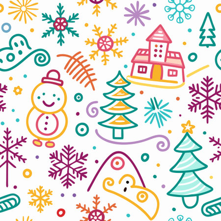 Colorful winter seamless pattern with snowman, trees, house, snowflakes.の素材