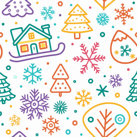Colorful winter seamless pattern with house, trees, snowflakes.の素材
