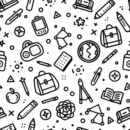 Seamless pattern with school supplies and science icons.の素材