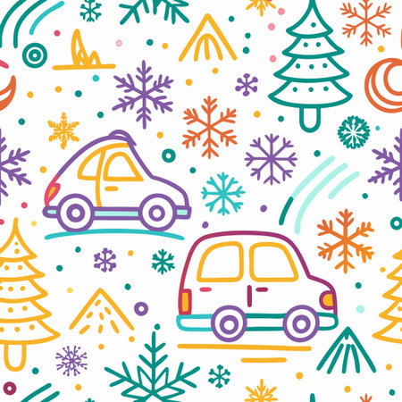 Colorful winter cars and snowflakes pattern.の素材