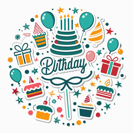 Festive birthday celebration with cake, gifts, and balloons.の素材