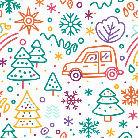 Colorful doodle Christmas seamless pattern with car.の素材